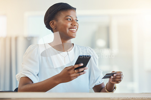 Image of Black woman, business credit card and smartphone, e commerce and fintech with smile, payment and finance. Corporate account, using phone for mobile banking and app, happy worker with online shopping