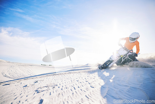 Image of Desert, motorcycle and sport stunt with rider in achievement, skill and training with targets Biker, sunshine and challenge with fitness with adrenaline with speed in race, adventure and lens flare