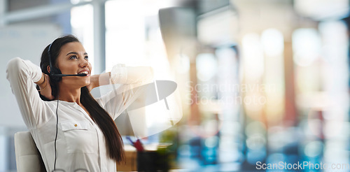 Image of Business, woman or stretching in call center for relax, creative idea or consulting with bokeh or smile. Professional, employee and customer support or service with ideas, inspiration or agent advice