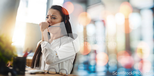 Image of Callcenter agent, woman with cough and sick, health fail and lungs with banner, bokeh with virus or bacteria. Respiratory, pneumonia or tuberculosis with customer service consultant and healthcare