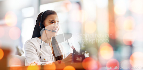 Image of Call centre, woman and headset with smile or customer support, bokeh and overlay in mockup. Happy agent, contact us and communication or faq, support and telemarketing or crm, consulting at help desk