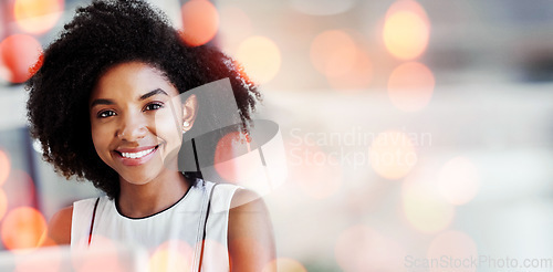 Image of Woman, happiness and success in office for business, excellence and work with career ambition. Black accountant, professional and about us on company website, positive mindset and bokeh in portrait