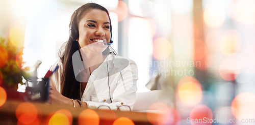Image of Happy woman, call center and customer service in telemarketing or support on bokeh background at office. Friendly female person, consultant or agent smile in online advice, help or virtual assistance