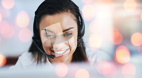 Image of Customer service, woman and headset with smile or communication, bokeh and overlay in mockup. Happy agent, contact us and call centre or faq, support and telemarketing or crm, consulting at help desk