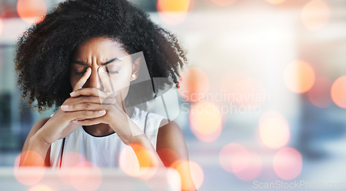 Image of Woman, depression and headache in office for project failure, worry and stress at work with burnout. Young professional worker, accountant and thinking on deadline, audit review and bokeh close up