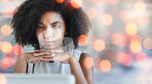 Image of Employee, thinking and woman with a laptop, business and typing with network, brainstorming and internet. Person, worker or consultant with bokeh, pc and connection with website information and ideas