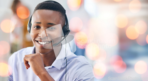 Image of Telemarketing, customer support and man in office with bokeh for crm call center consultation. Mockup space, contact us and professional African male technical support agent with headset in workplace