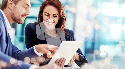 Image of Teamwork, business people and manager with employee, tablet and accountant with investment, search internet and banner. Staff, man or woman with technology, trading or stock market with brainstorming