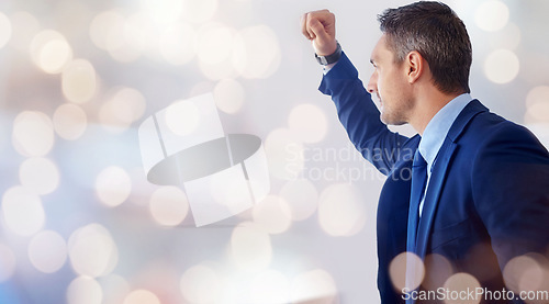 Image of Stress, bokeh and businessman by the window in the office thinking for idea, solution or problem solving. Brainstorming, burnout and professional male lawyer planning a legal case in workplace.