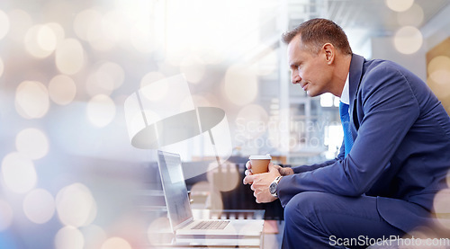 Image of Businessman, laptop and reading email with coffee for networking, planning or research in office with bokeh. Professional, employee and person with pc for technology, communication or internet at job