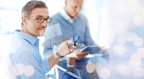 Image of Business people, team and phone for communication on bokeh, overlay and mock up in office. Portrait, man or leader with technology for schedule, meeting or management of tasks at work with internet