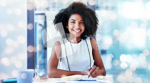 Image of Banner, business and black woman with notebook, portrait and smile with overlay, planning and brainstorming. Face, African person and happy employee with creativity, writing and schedule with ideas