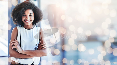 Image of Black woman, arms crossed and office portrait with a smile from business consultant work with mockup space. Confidence, entrepreneur and professional from New York happy from startup by window bokeh