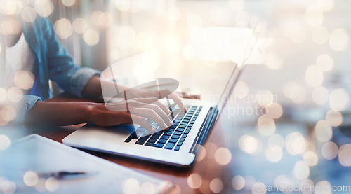 Image of Closeup, hands and laptop in mock up for bokeh, overlay and banner for digital marketing, website or programming. Young, business woman or worker with development in software, analytics or research