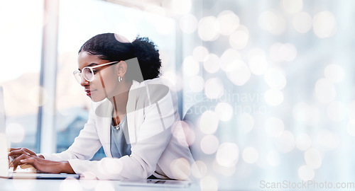 Image of Business, thinking and woman with a laptop, ideas and typing with network, brainstorming and internet with banner. Person, worker and employee with bokeh, pc and connection with email and opportunity