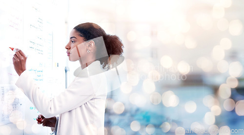 Image of Doctor, woman and writing on whiteboard, healthcare banner with bokeh and brainstorming ideas for surgery. Innovation, surgeon and hospital schedule with notes on board, planning with mockup space