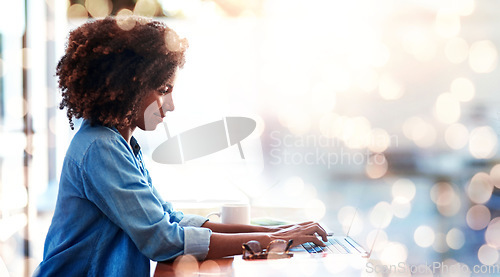 Image of Banner, thinking and woman with a laptop, business and typing with network, creative and internet. Person, worker and employee with bokeh, pc and connection with website information, email and ideas