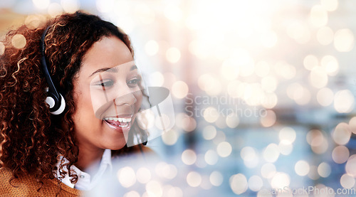 Image of Happy woman, call center and headphones on bokeh background in customer support or help at office. Friendly female person, consultant or agent smile in online advice, contact us or virtual assistance