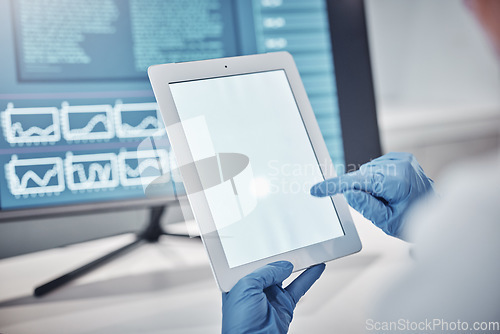 Image of Doctor, science or hands on tablet with mockup space for marketing, advertising or product placement in a laboratory. Zoom, digital or scientist working on research on white screen for innovation