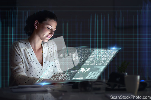 Image of Holographic, tablet or woman trading on stock market, forex or cryptocurrency for investment growth at night. Digital, finance or trader working on data analysis with chart analytics on ai database