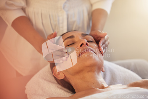 Image of Woman massage with therapist hands, facial and reiki, peace and balance with cosmetic luxury service at wellness spa. Skincare, beauty and self care with stress relief, zen and calm with masseuse.