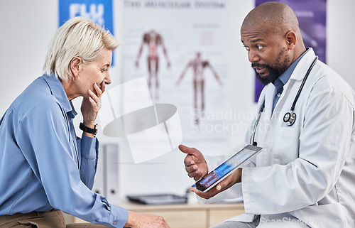Image of Doctor, patient and black man with tablet, hospital and results for disease, explain procedure or healthcare. Medical professional, senior female and woman in office, cure or conversation for surgery