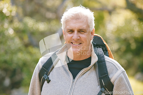 Image of Hiking, fitness and elderly man in nature for exercise and trekking in the park, vitality and active lifestyle portrait. Senior hiker, travel and adventure with retirement and wellness with cardio.