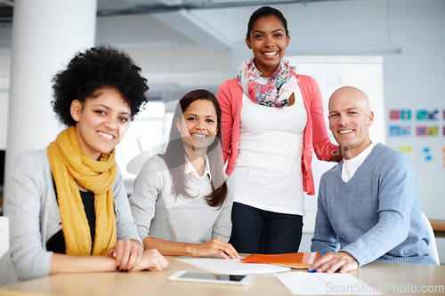 Image of Portrait, business people and meeting in office for finance, planning and growth analysis by happy team. Diversity, collaboration and trust by colleagues in business meeting for vision, sale and chat