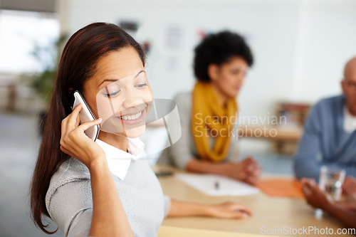 Image of Communication, meeting and phone call news in office with good update for happy woman employee. Contact, network or appointment schedule confirmation on smartphone at marketing company.