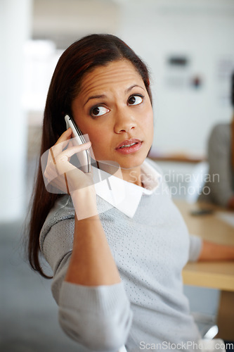 Image of Business woman, phone call and listening to digital marketing ideas, advertising strategy or brand planning innovation. Talking designer, worker or employee on mobile communication office technology