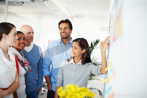 Image of Teamwork, meeting and sticky notes on a whiteboard for innovation, idea and strategy by team in office. Planning, notes and collaboration by group with vision for success, goal and startup motivation