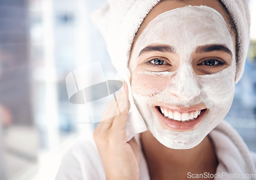 Image of Skincare, facial and portrait of woman in a bathroom for cleaning, beauty and grooming closeup in her home. Face, girl and skin product mask for exfoliate, scrub and hygiene, routine and wellness