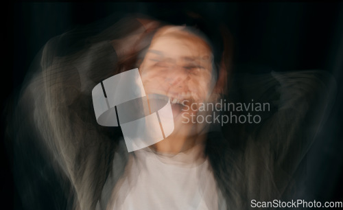 Image of Depression, bipolar and blur face of woman in studio on black background for mental health problems. Psychology, schizophrenia and depressed girl with anxiety, confusion and suffering identity crisis