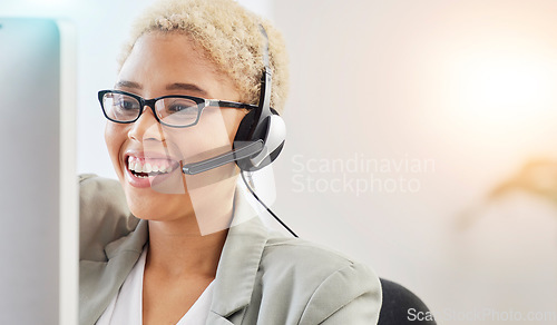 Image of Happy call center, CRM or customer service woman for success telemarketing, communication or networking mockup. Smile, consultant face or sales advisor for help, support or contact us on computer