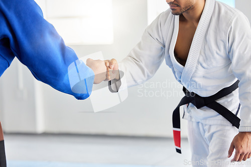 Image of Karate, fighting tournament and men fist bump in martial arts competition for fighters with sportsmanship, honor and discipline. Man, judo fighters and self defense fight to win in dojo with respect