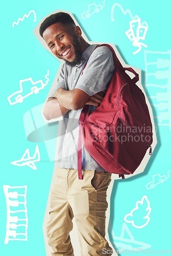 Image of Happy, education and graphic design college student with scholarship exited for studying, back to school or learning. Success and African man in university for knowledge with paper cut out background