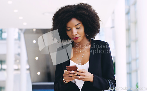 Image of News, spam and phone with business woman and typing for report, regulations and social network problem. Communication, contact and email with black woman texting on mobile for glitch and review