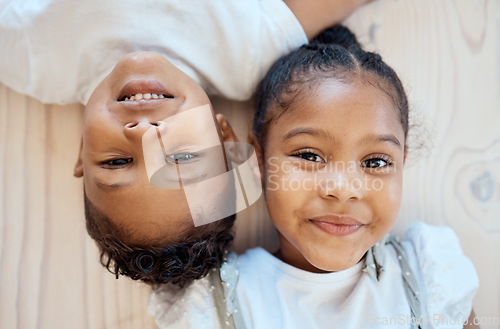 Image of Family friends, smile and children portrait of siblings with happiness, bonding and love at home. Faces of happy kids together above view of brother and sister care and young friendship in house