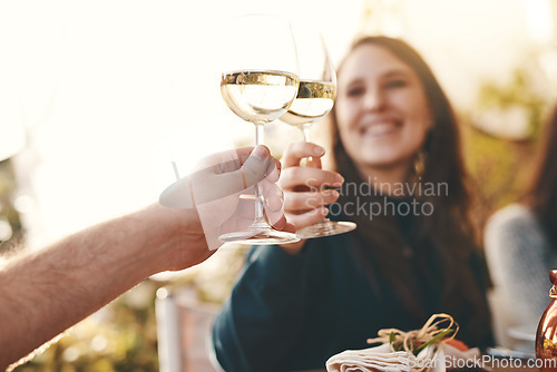 Image of Toast, glass and wine with couple hands with love, happiness and bonding at dinner together in summer. Happy celebration, woman and man with wine glass at party, restaurant or lunch in Marseille