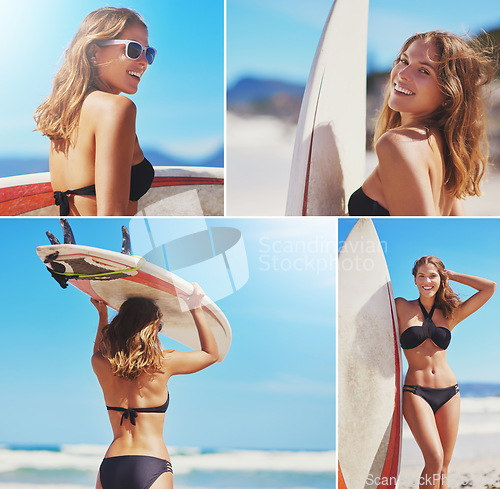 Image of Surfer woman, bikini and beach in montage, portrait and happy in summer, outdoor and vacation by sea. Girl, surfing and surfboard by ocean for holiday, happiness and smile by waves, sand and sun