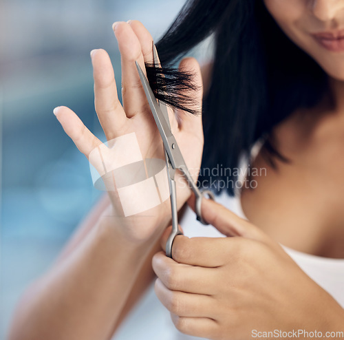 Image of Hair care cut, hands and woman with scissors for hairstyle maintenance routine, grooming and self care. Wellness treatment, spa beauty salon and shampoo girl with barber tools for healthy hair growth