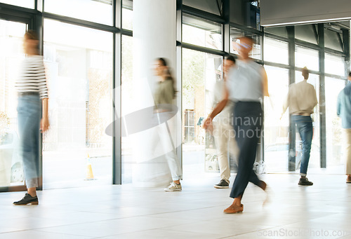 Image of Office walking, business and team with moving speed in a office ready for morning working. Corporate worker, company employee group and staff walk together with a blur, action and fast workplace