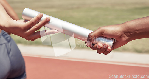 Image of Hands, team and sports relay baton for running, sprint or fitness marathon for olympic athletics on stadium track. Hand of runner holding bar in teamwork sport for run, race or competition of speed