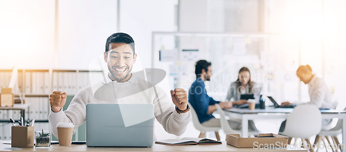Image of Winning, achievement and businessman with trading success, stock market motivation and online deal with a laptop. Winner, wow and marketing employee happy to celebrate while reading email in office