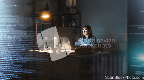 Image of Business woman, computer or coding in night office for digital marketing web design, 3d database programming or digital transformation. Programmer, cyber security worker or futuristic code technology