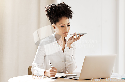 Image of Black woman, phone call and talking with laptop, for conversation and planning. Female entrepreneur, African American girl and business owner speaking on smartphone and write strategy in notebook.