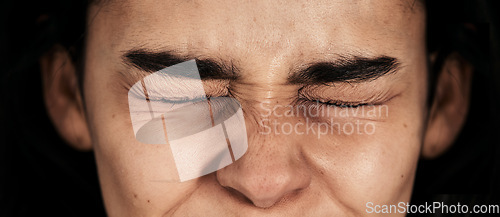 Image of Stress, fear and woman in studio for mental health problem, phobia and anxiety on black background. Eyes, closed and girl in dark room with depression, abuse and psychology, schizophrenia and worry