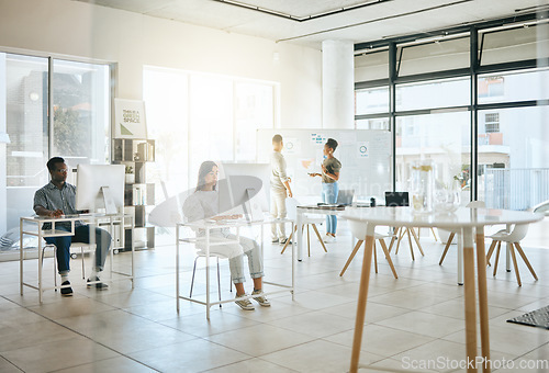 Image of Office, coworking and startup for workers, diversity or focus for digital marketing in New York. Modern office, employee group or team with computer, strategy, or planning in coworking space together