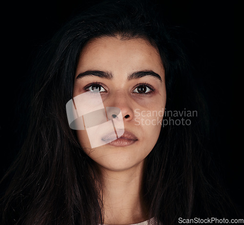 Image of Woman, face or mental health on black background in studio or depression, anxiety or psychology bipolar disorder. Zoom, headshot or portrait of stress, burnout or sick addict in rehabilitation center