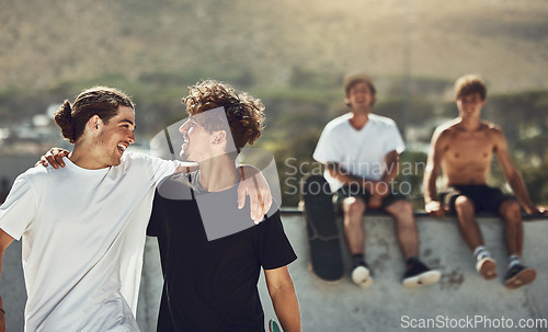 Image of Skating, park and friends bonding in the city at an outdoor ramp for exercise, adventure and fun. Fitness, freedom and men chilling together at a urban town skatepark while on a vacation in Canada.